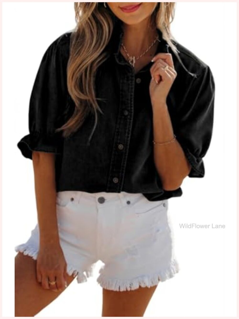 Ruffle Puff Sleeve Denim Tunic Top Cotton Polyester Button Down Women's